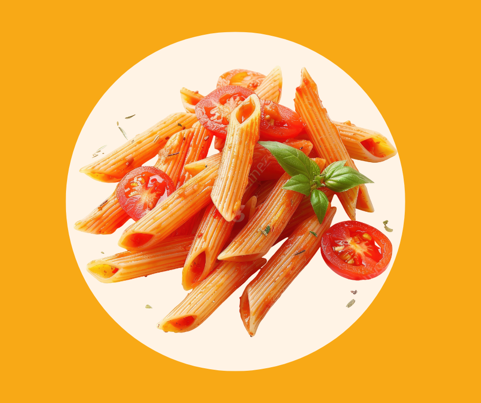 Pennes à la sauce tomate avec feuille de basilic